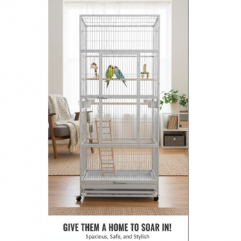 XXL White Metal Bird Cage Aviary for Macaws, Parrots & Small Birds – 90x90x200cm, Multi-Level with Perches, Feeders & Rolling Stand – Model B076-1