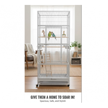 XXL White Metal Bird Cage Aviary for Macaws, Parrots & Small Birds – 90x90x200cm, Multi-Level with Perches, Feeders & Rolling Stand – Model B076-1