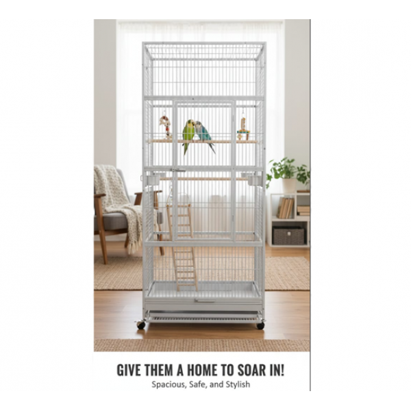 XXL White Metal Bird Cage Aviary for Macaws, Parrots & Small Birds – 90x90x200cm, Multi-Level with Perches, Feeders & Rolling Stand – Model B076-1