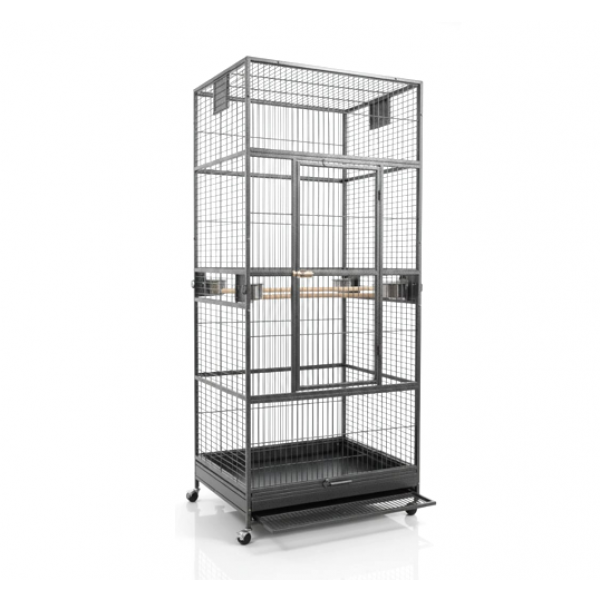 XXL Black Metal Bird Cage Aviary for Macaws, Parrots & Small Birds – 90x90x200cm, Multi-Level with Perches, Feeders & Rolling Stand – Model B076-1