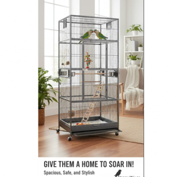 XXL Black Metal Bird Cage Aviary for Macaws, Parrots & Small Birds – 90x90x200cm, Multi-Level with Perches, Feeders & Rolling Stand – Model B076-1