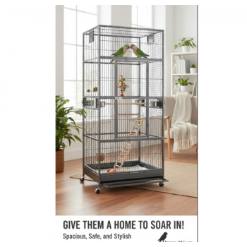 XXL Black Metal Bird Cage Aviary for Macaws, Parrots & Small Birds – 90x90x200cm, Multi-Level with Perches, Feeders & Rolling Stand – Model B076-1