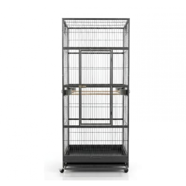 XXL Black Metal Bird Cage Aviary for Macaws, Parrots & Small Birds – 90x90x200cm, Multi-Level with Perches, Feeders & Rolling Stand – Model B076-1