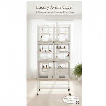 Three-Story Stackable Breeding Bird Cage with Stand, 6-Compartment Divided Flight Cage on Wheels, Removable Partitions, 12 Feeders & Hardwood Perches, 96×46×209 cm, White, Model B083-1