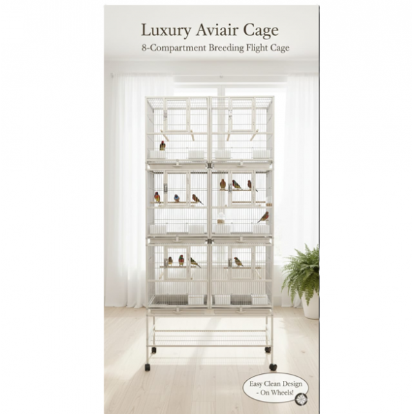 Three-Story Stackable Breeding Bird Cage with Stand, 6-Compartment Divided Flight Cage on Wheels, Removable Partitions, 12 Feeders & Hardwood Perches, 96×46×209 cm, White, Model B083-1