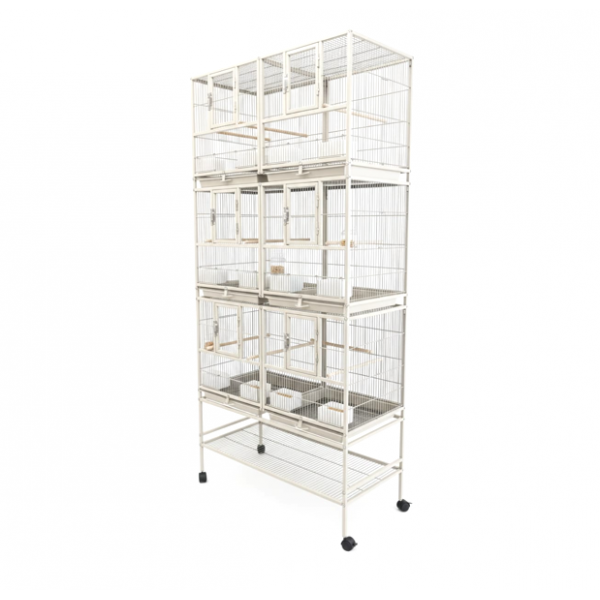 Three-Story Stackable Breeding Bird Cage with Stand, 6-Compartment Divided Flight Cage on Wheels, Removable Partitions, 12 Feeders & Hardwood Perches, 96×46×209 cm, White, Model B083-1