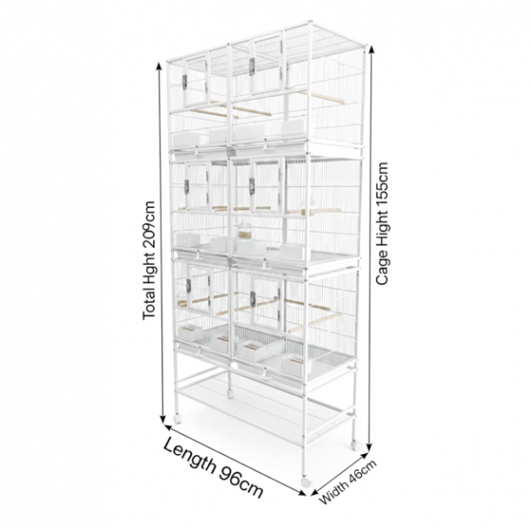 Three-Story Stackable Breeding Bird Cage with Stand, 6-Compartment Divided Flight Cage on Wheels, Removable Partitions, 12 Feeders & Hardwood Perches, 96×46×209 cm, White, Model B083-1