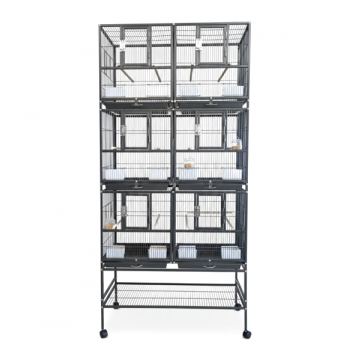 Three-Story Stackable Breeding Bird Cage with Stand, 6-Compartment Divided Flight Cage on Wheels, Removable Partitions, 12 Feeders & Hardwood Perches, 96×46×209 cm, Black, Model B083-1