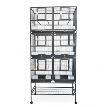 Three-Story Stackable Breeding Bird Cage with Stand, 6-Compartment Divided Flight Cage on Wheels, Removable Partitions, 12 Feeders & Hardwood Perches, 96×46×209 cm, Black, Model B083-1