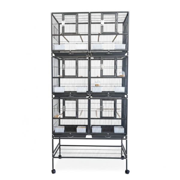 Three-Story Stackable Breeding Bird Cage with Stand, 6-Compartment Divided Flight Cage on Wheels, Removable Partitions, 12 Feeders & Hardwood Perches, 96×46×209 cm, Black, Model B083-1