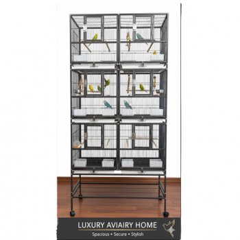 Three-Story Stackable Breeding Bird Cage with Stand, 6-Compartment Divided Flight Cage on Wheels, Removable Partitions, 12 Feeders & Hardwood Perches, 96×46×209 cm, Black, Model B083-1