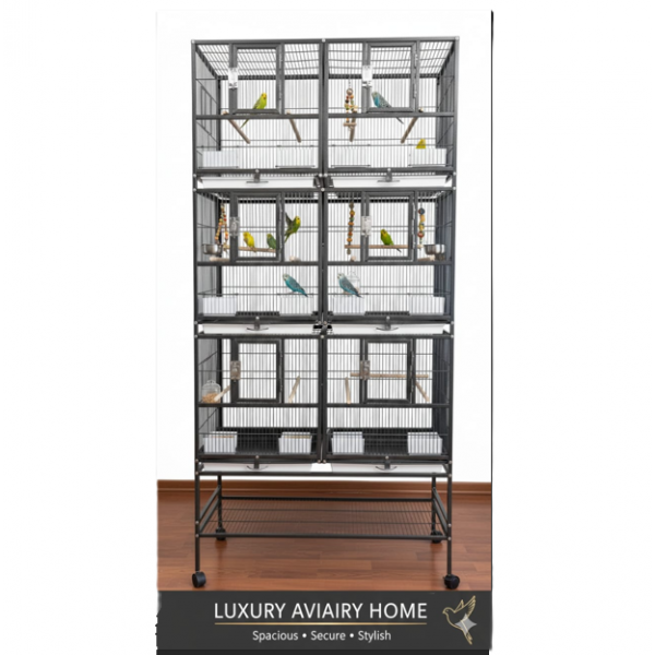 Three-Story Stackable Breeding Bird Cage with Stand, 6-Compartment Divided Flight Cage on Wheels, Removable Partitions, 12 Feeders & Hardwood Perches, 96×46×209 cm, Black, Model B083-1