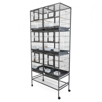 Three-Story Stackable Breeding Bird Cage with Stand, 6-Compartment Divided Flight Cage on Wheels, Removable Partitions, 12 Feeders & Hardwood Perches, 96×46×209 cm, Black, Model B083-1
