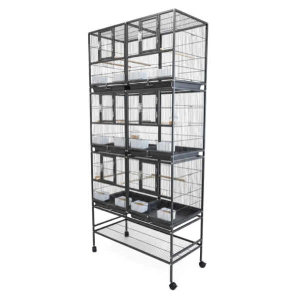 Three-Story Stackable Breeding Bird Cage with Stand, 6-Compartment Divided Flight Cage on Wheels, Removable Partitions, 12 Feeders & Hardwood Perches, 96×46×209 cm, Black, Model B083-1