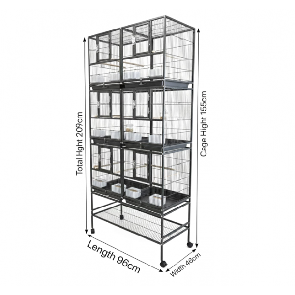 Three-Story Stackable Breeding Bird Cage with Stand, 6-Compartment Divided Flight Cage on Wheels, Removable Partitions, 12 Feeders & Hardwood Perches, 96×46×209 cm, Black, Model B083-1
