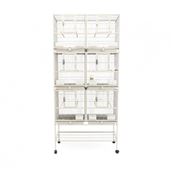 Three-Story Stackable Breeding Bird Cage with Stand, 6-Compartment Divided Flight Cage on Wheels, Removable Partitions, 12 Feeders & Hardwood Perches, 96×46×209 cm, White, Model B083-1