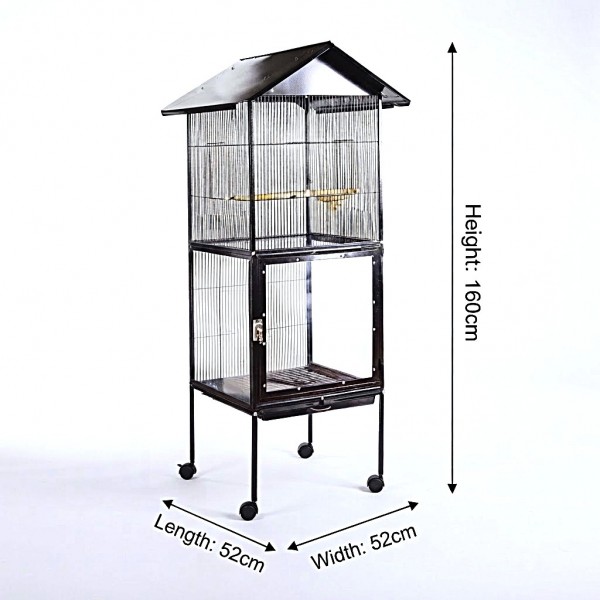 Large Metal Bird Cage 52 × 52 × 160 cm with Wooden Perches and Cleaning Tray, Transparent Front Doors, Parrot and Macaw Cage for Large Birds, Black