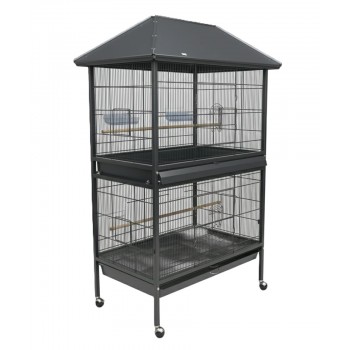 Large Tropical Bird Cage with Partition Divider (95×70×185 cm), Black Dual-Compartment Metal Aviary with Wheels, Slide-Out Trays, Perches & Feeders for Medium to Large Birds – BC01-1