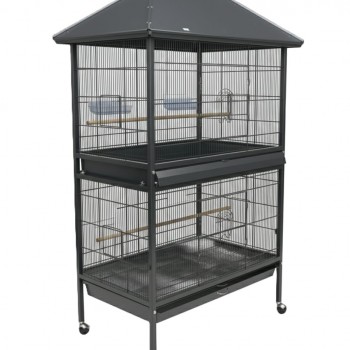 Large Tropical Bird Cage with Partition Divider (95×70×185 cm), Black Dual-Compartment Metal Aviary with Wheels, Slide-Out Trays, Perches & Feeders for Medium to Large Birds – BC01-1