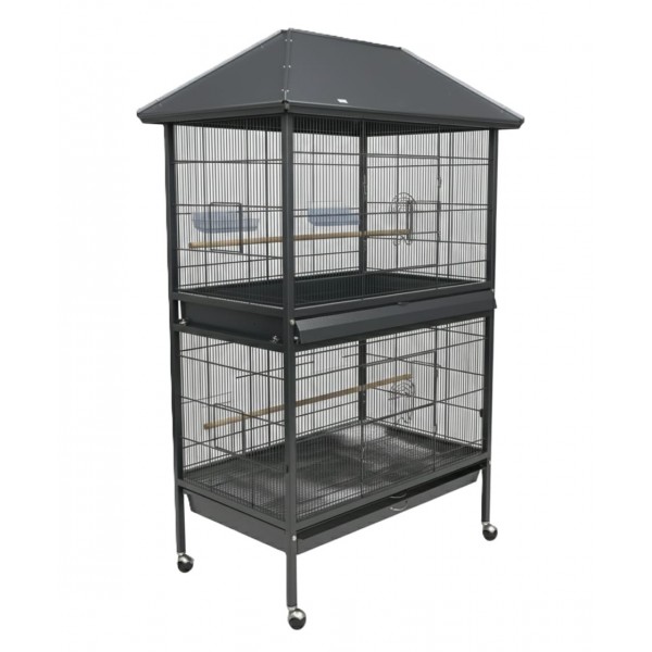 Large Tropical Bird Cage with Partition Divider (95×70×185 cm), Black Dual-Compartment Metal Aviary with Wheels, Slide-Out Trays, Perches & Feeders for Medium to Large Birds – BC01-1