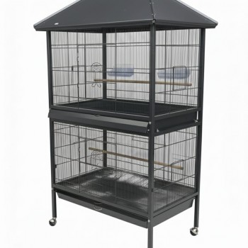 Large Tropical Bird Cage with Partition Divider (95×70×185 cm), Black Dual-Compartment Metal Aviary with Wheels, Slide-Out Trays, Perches & Feeders for Medium to Large Birds – BC01-1