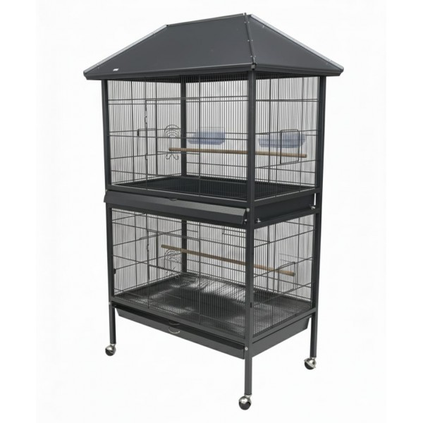 Large Tropical Bird Cage with Partition Divider (95×70×185 cm), Black Dual-Compartment Metal Aviary with Wheels, Slide-Out Trays, Perches & Feeders for Medium to Large Birds – BC01-1