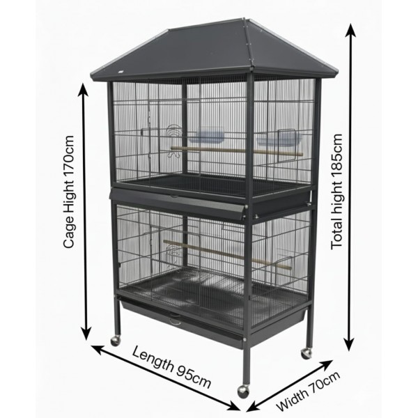 Large Tropical Bird Cage with Partition Divider (95×70×185 cm), Black Dual-Compartment Metal Aviary with Wheels, Slide-Out Trays, Perches & Feeders for Medium to Large Birds – BC01-1