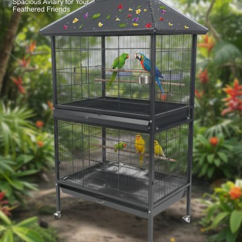 Large Tropical Bird Cage with Partition Divider (95×70×185 cm), Black Dual-Compartment Metal Aviary with Wheels, Slide-Out Trays, Perches & Feeders for Medium to Large Birds – BC01-1
