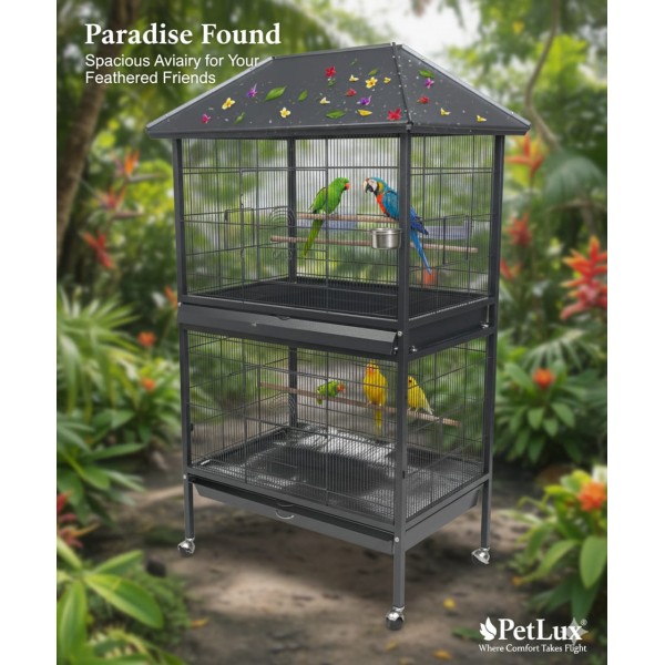 Large Tropical Bird Cage with Partition Divider (95×70×185 cm), Black Dual-Compartment Metal Aviary with Wheels, Slide-Out Trays, Perches & Feeders for Medium to Large Birds – BC01-1