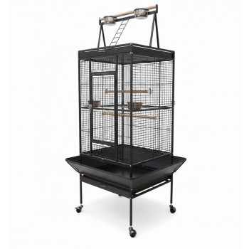 Large Black Bird Cage with Play Top & Rolling Stand (61 × 56 × 173 cm), Wrought Iron Aviary with Stainless Steel Feeders, Perches & Storage Shelf – BC08