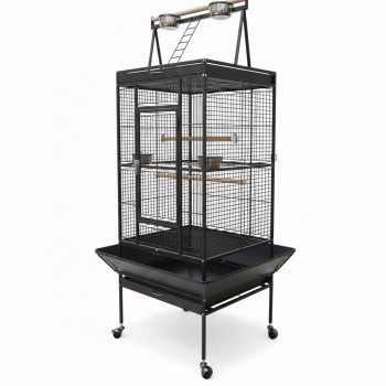 Large Black Bird Cage with Play Top & Rolling Stand (61 × 56 × 173 cm), Wrought Iron Aviary with Stainless Steel Feeders, Perches & Storage Shelf – BC08