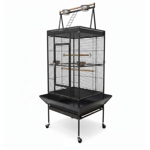 Large Black Bird Cage with Play Top & Rolling Stand (61 × 56 × 173 cm), Wrought Iron Aviary with Stainless Steel Feeders, Perches & Storage Shelf – BC08