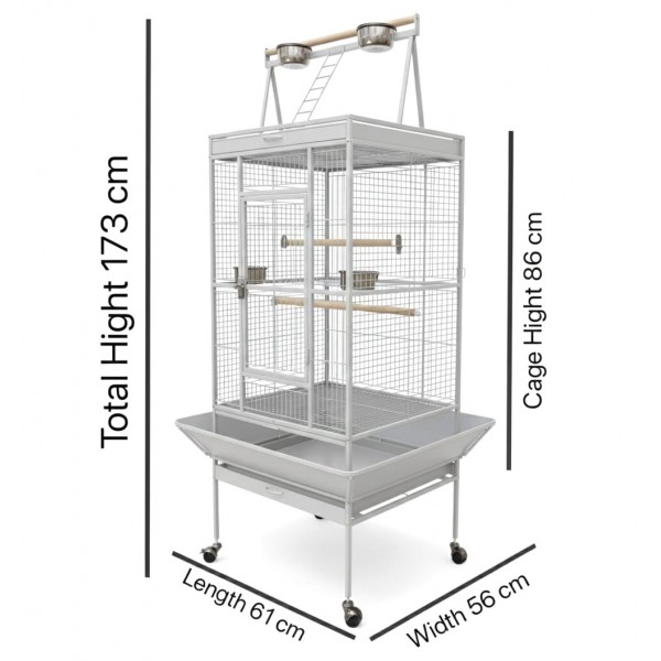 Large White Bird Cage with Play Top & Rolling Stand (61 × 56 × 173 cm), Wrought Iron Aviary with Stainless Steel Feeders, Perches & Storage Shelf – BC08