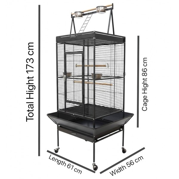 Large Black Bird Cage with Play Top & Rolling Stand (61 × 56 × 173 cm), Wrought Iron Aviary with Stainless Steel Feeders, Perches & Storage Shelf – BC08