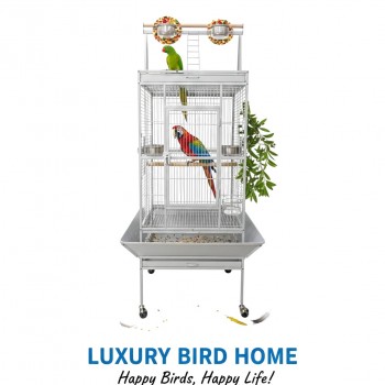 Large White Bird Cage with Play Top & Rolling Stand (61 × 56 × 173 cm), Wrought Iron Aviary with Stainless Steel Feeders, Perches & Storage Shelf – BC08