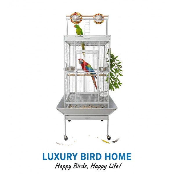 Large White Bird Cage with Play Top & Rolling Stand (61 × 56 × 173 cm), Wrought Iron Aviary with Stainless Steel Feeders, Perches & Storage Shelf – BC08