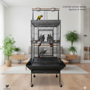 Large Black Bird Cage with Play Top & Rolling Stand (61 × 56 × 173 cm), Wrought Iron Aviary with Stainless Steel Feeders, Perches & Storage Shelf – BC08