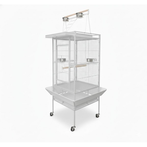 Large White Bird Cage with Play Top & Rolling Stand (61 × 56 × 173 cm), Wrought Iron Aviary with Stainless Steel Feeders, Perches & Storage Shelf – BC08