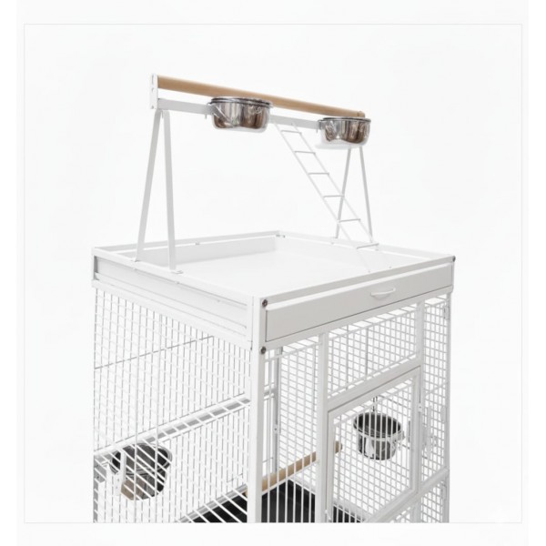 Large White Bird Cage with Play Top & Rolling Stand (61 × 56 × 173 cm), Wrought Iron Aviary with Stainless Steel Feeders, Perches & Storage Shelf – BC08