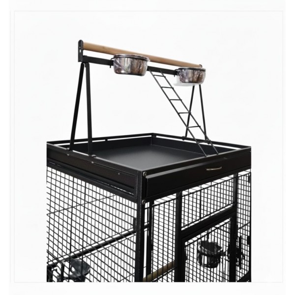Large Black Bird Cage with Play Top & Rolling Stand (61 × 56 × 173 cm), Wrought Iron Aviary with Stainless Steel Feeders, Perches & Storage Shelf – BC08