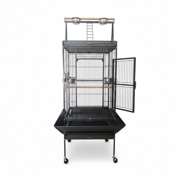 Large Black Bird Cage with Play Top & Rolling Stand (61 × 56 × 173 cm), Wrought Iron Aviary with Stainless Steel Feeders, Perches & Storage Shelf – BC08