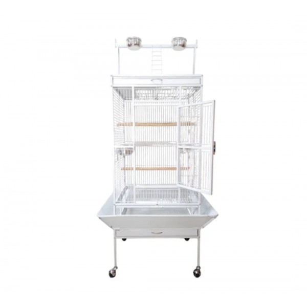 Large White Bird Cage with Play Top & Rolling Stand (61 × 56 × 173 cm), Wrought Iron Aviary with Stainless Steel Feeders, Perches & Storage Shelf – BC08