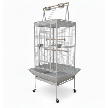 Large White Bird Cage with Play Top & Rolling Stand (61 × 56 × 173 cm), Wrought Iron Aviary with Stainless Steel Feeders, Perches & Storage Shelf – BC08