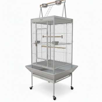 Large White Bird Cage with Play Top & Rolling Stand (61 × 56 × 173 cm), Wrought Iron Aviary with Stainless Steel Feeders, Perches & Storage Shelf – BC08
