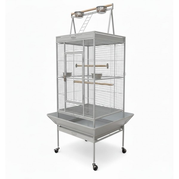 Large White Bird Cage with Play Top & Rolling Stand (61 × 56 × 173 cm), Wrought Iron Aviary with Stainless Steel Feeders, Perches & Storage Shelf – BC08