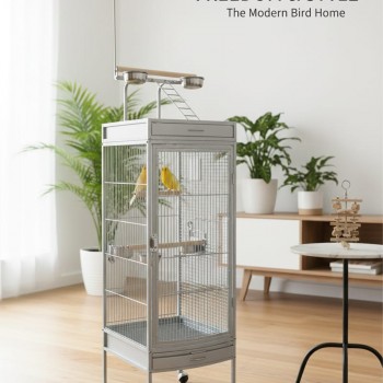 White Medium Wrought Iron Playtop Bird Cage with Rolling Stand & Open-Top Perch (47 × 47 × 167 cm), Easy-Clean Tray, Stainless Steel Cups for Small to Medium Birds – BC09