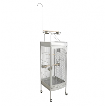 White Medium Wrought Iron Playtop Bird Cage with Rolling Stand & Open-Top Perch (47 × 47 × 167 cm), Easy-Clean Tray, Stainless Steel Cups for Small to Medium Birds – BC09