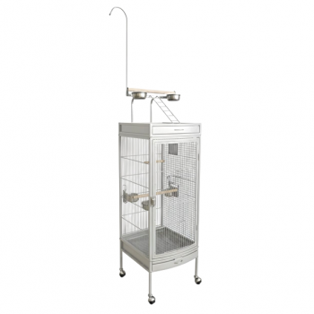 White Medium Wrought Iron Playtop Bird Cage with Rolling Stand & Open-Top Perch (47 × 47 × 167 cm), Easy-Clean Tray, Stainless Steel Cups for Small to Medium Birds – BC09