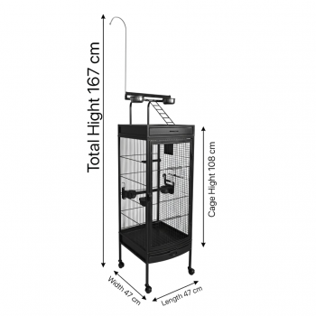 Black Medium Wrought Iron Playtop Bird Cage with Rolling Stand & Open-Top Perch (47 × 47 × 167 cm), Easy-Clean Tray, Stainless Steel Cups for Small to Medium Birds – BC09