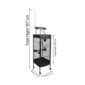 Black Medium Wrought Iron Playtop Bird Cage with Rolling Stand & Open-Top Perch (47 × 47 × 167 cm), Easy-Clean Tray, Stainless Steel Cups for Small to Medium Birds – BC09